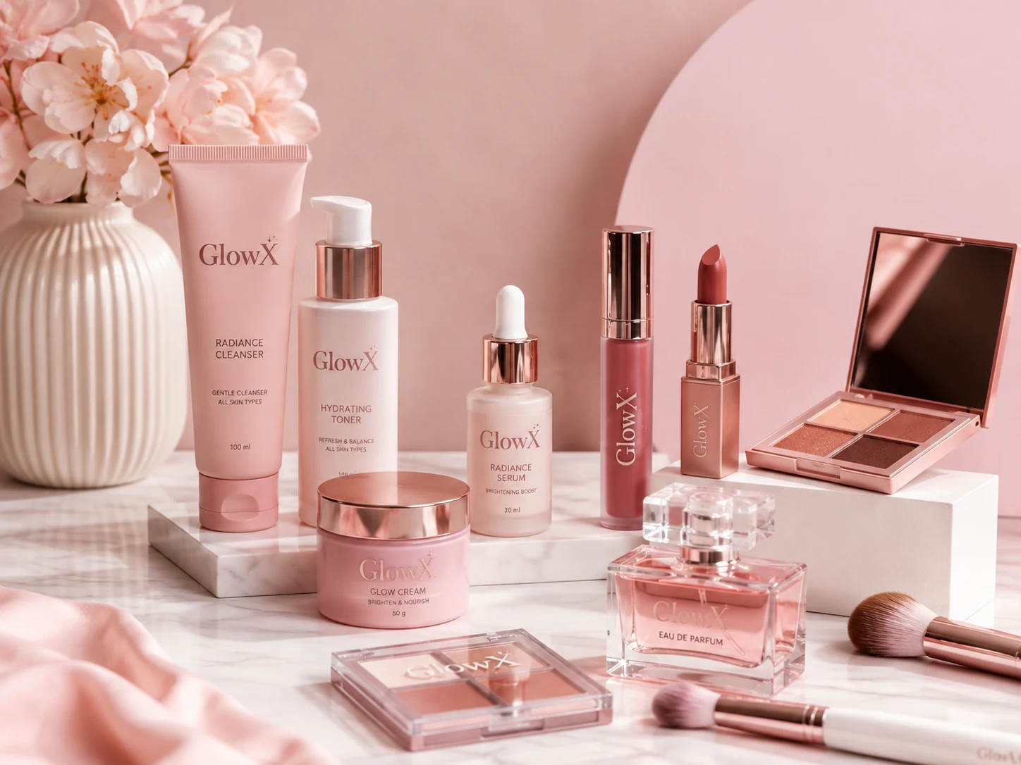 GlowX beauty editorial featuring cosmetics and skincare
